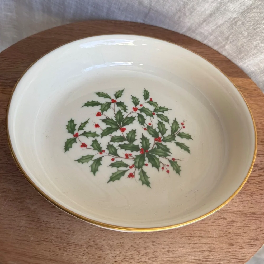 VTG Lenox Shallow Soup Bowl Ivory Holly Leaves Gold Trim Christmas Holiday